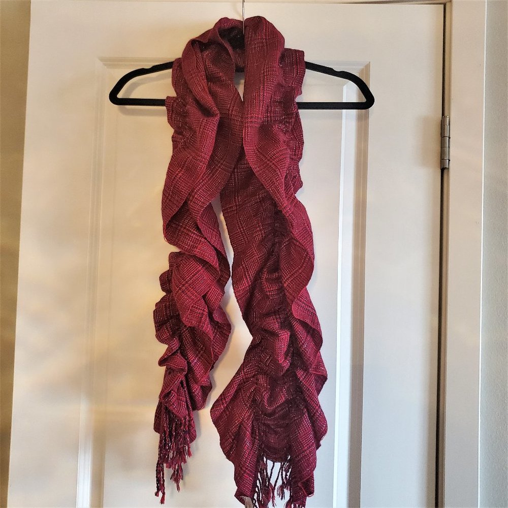 SJ Collection Red, Black, and Silver Ruches Scarf with fringe